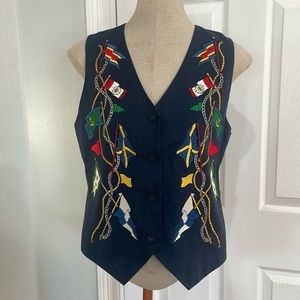 Vintage Cambridge dry goods Company embroidered flags linen vest navy blue women